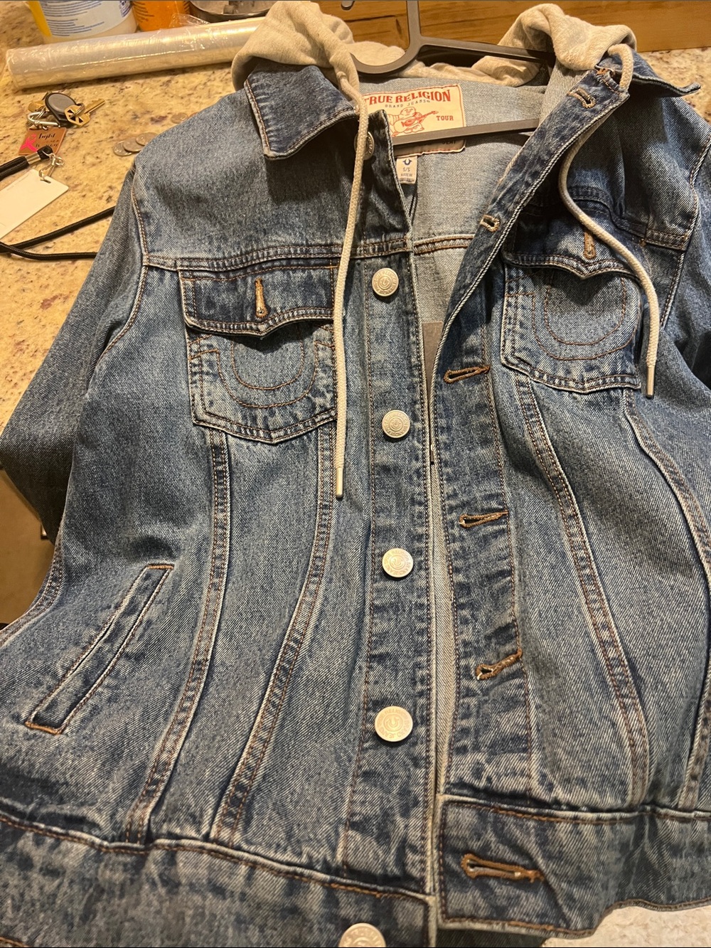 Men Sz small True Religion Light Blue Denim Jacket with Cream Hood.. gently worn